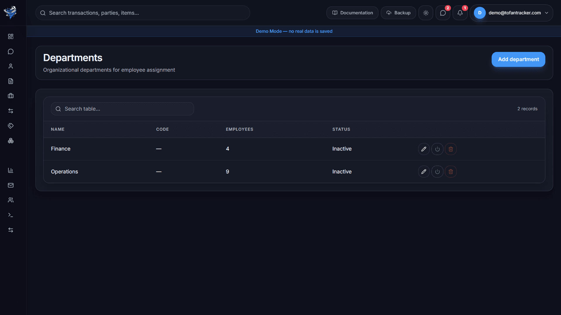 Tofan Tracker departments screen